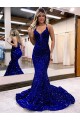 V-Neck Court Train Velvet Sequin Royal Blue Sleeveless Prom Dress Victoria