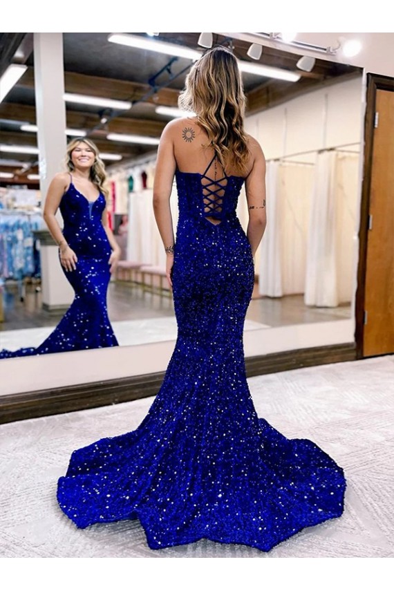 V-Neck Court Train Velvet Sequin Royal Blue Sleeveless Prom Dress Victoria