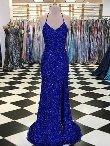 V-Neck Sweep Train Velvet Sequin Royal Blue Sleeveless Prom Dress / Evening Gown Victoria