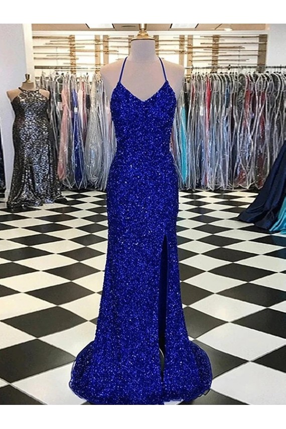 V-Neck Sweep Train Velvet Sequin Royal Blue Sleeveless Prom Dress / Evening Gown Victoria