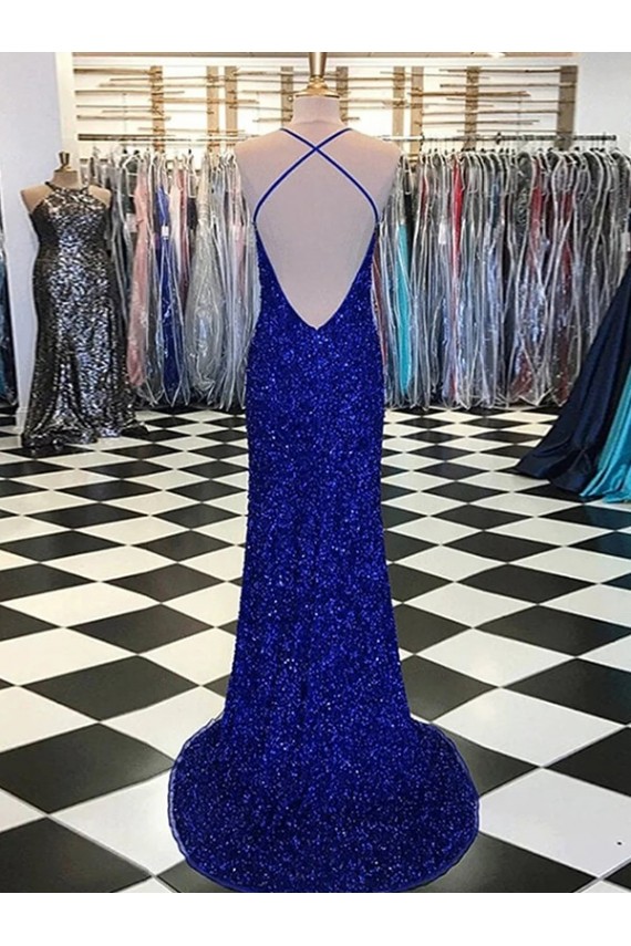 V-Neck Sweep Train Velvet Sequin Royal Blue Sleeveless Prom Dress / Evening Gown Victoria
