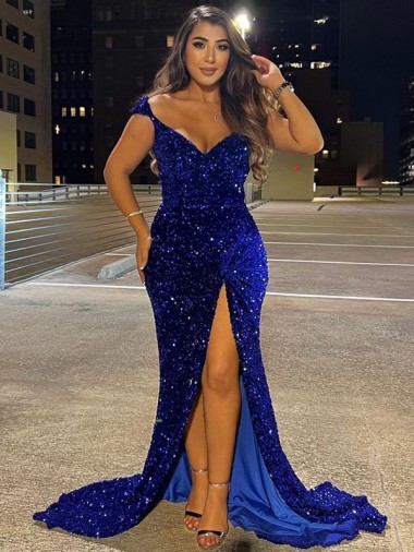 V-Neck Sweep Train Velvet Sequin Royal Blue Sleeveless Dress Victoria
