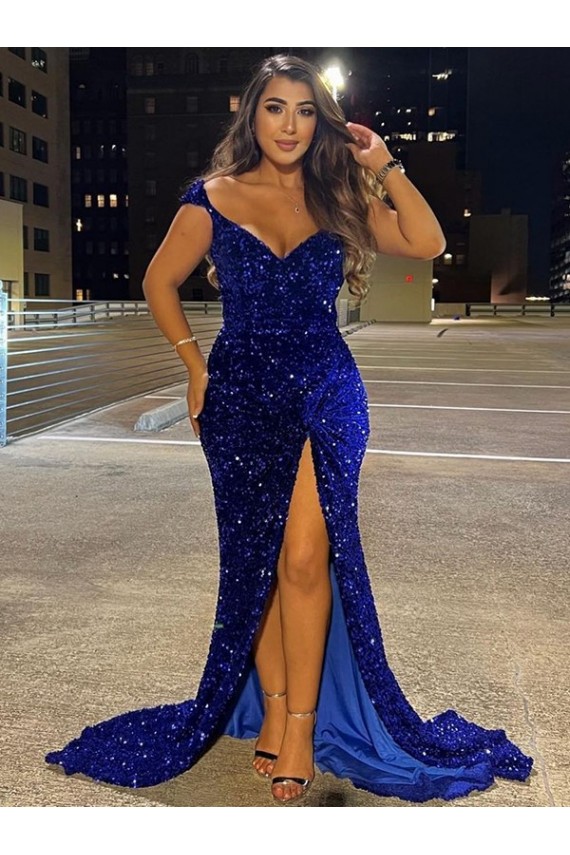 V-Neck Sweep Train Velvet Sequin Royal Blue Sleeveless Dress Victoria