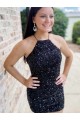 Halter Neck Short Velvet Sequin Black Sleeveless Prom Dress Victoria
