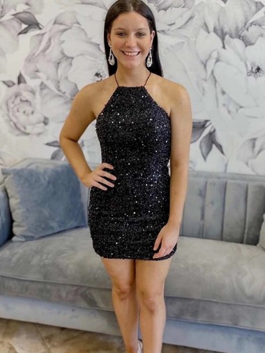 Halter Neck Short Velvet Sequin Black Sleeveless Prom Dress Victoria