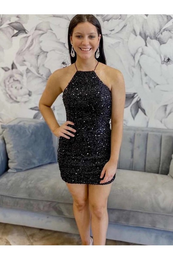 Halter Neck Short Velvet Sequin Black Sleeveless Prom Dress Victoria