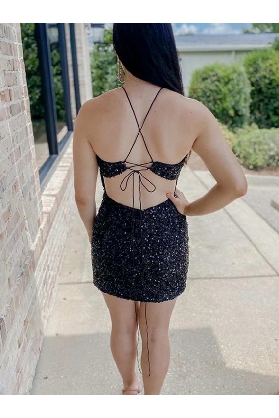 Halter Neck Short Velvet Sequin Black Sleeveless Prom Dress Victoria