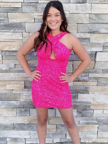Halter Neck Short Velvet Sequin Fuchsia Sleeveless Homecoming Dress Victoria