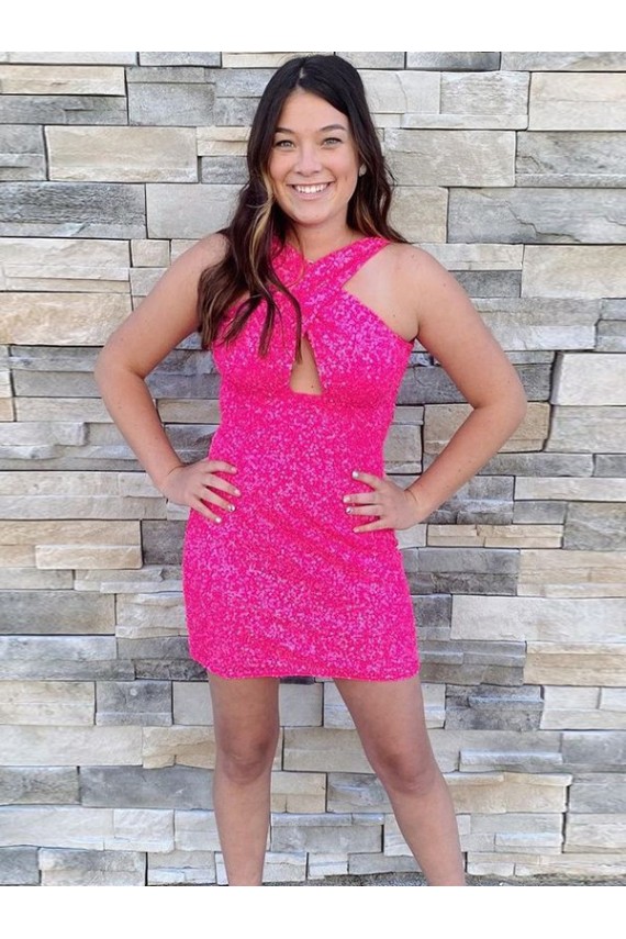 Halter Neck Short Velvet Sequin Fuchsia Sleeveless Homecoming Dress Victoria
