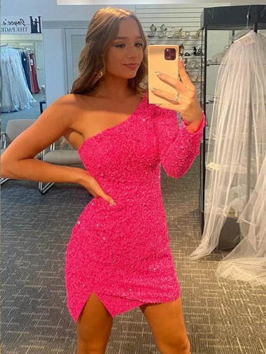 One Shoulder Short Velvet Sequin Long Sleeves Prom Dress / Evening Dress Victoria