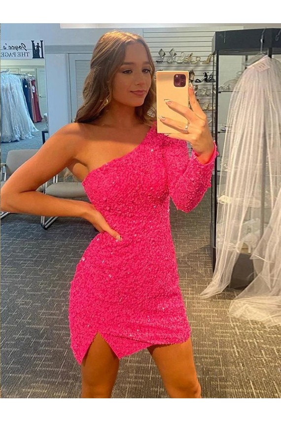 One Shoulder Short Velvet Sequin Long Sleeves Prom Dress / Evening Dress Victoria