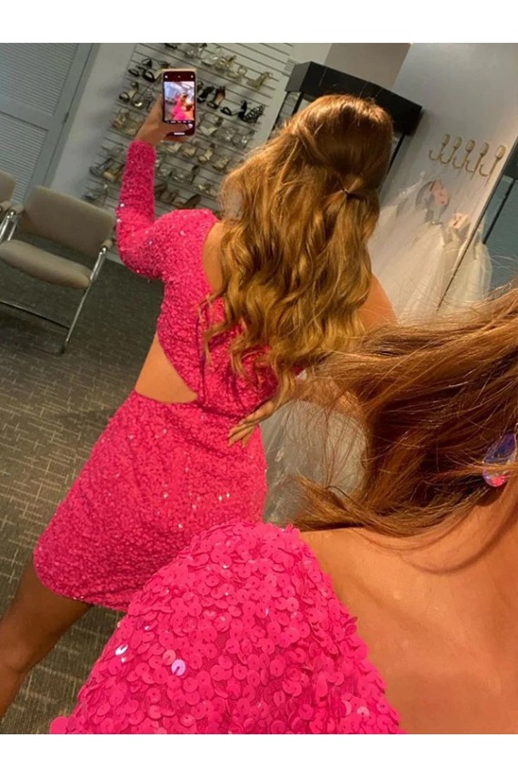 One Shoulder Short Velvet Sequin Long Sleeves Evening Gowns Victoria