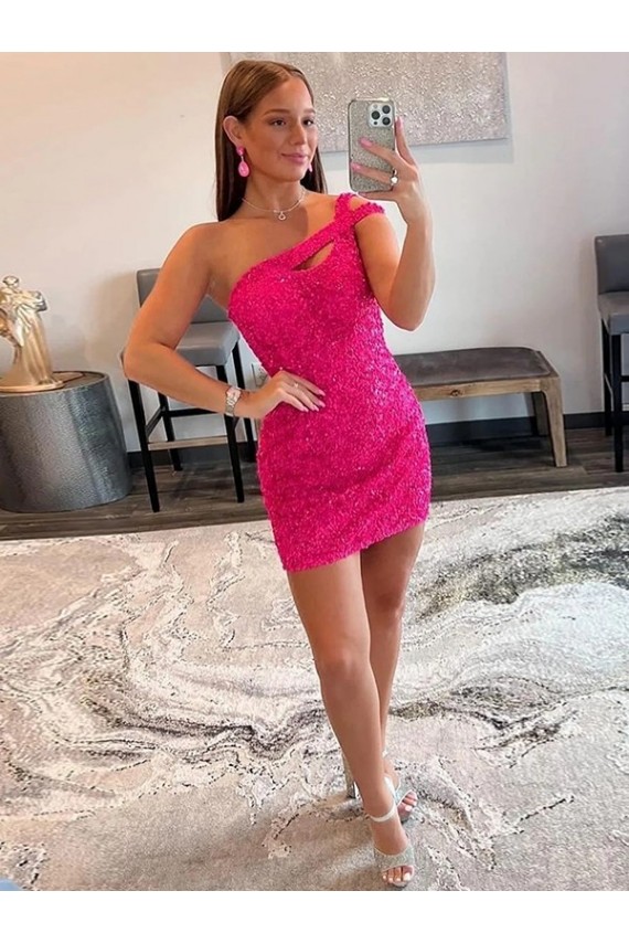 One Shoulder Short Velvet Sequin Fuchsia Sleeveless Prom Dresses Victoria