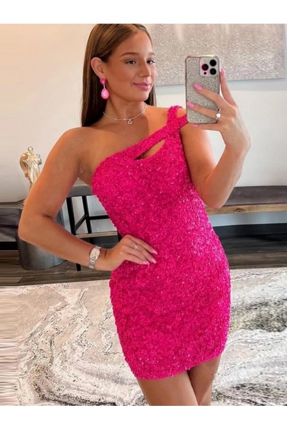 One Shoulder Short Velvet Sequin Fuchsia Sleeveless Prom Dresses Victoria