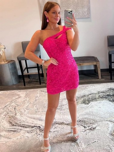 One Shoulder Short Velvet Sequin Fuchsia Sleeveless Prom Dresses Victoria