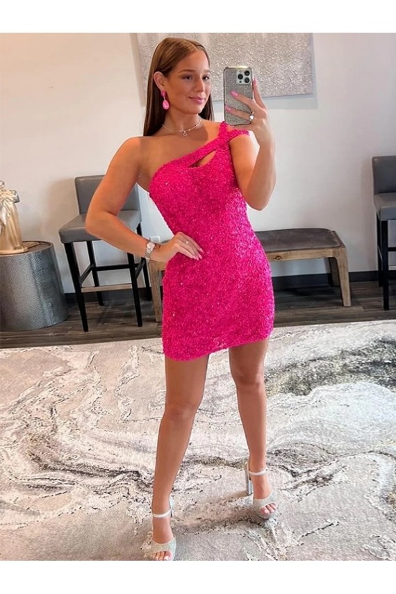 One Shoulder Short Velvet Sequin Fuchsia Sleeveless Prom Dresses Victoria