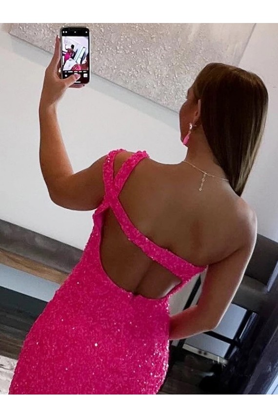 One Shoulder Short Velvet Sequin Fuchsia Sleeveless Prom Dresses Victoria