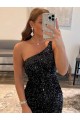 One Shoulder Short Velvet Sequin Black Sleeveless Prom Dress / Evening Gown Victoria