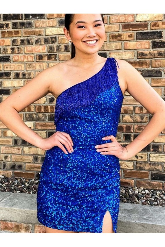 One Shoulder Short Velvet Sequin Royal Blue Sleeveless Homecoming Dresses Victoria