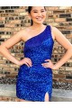 One Shoulder Short Velvet Sequin Royal Blue Sleeveless Homecoming Dresses Victoria