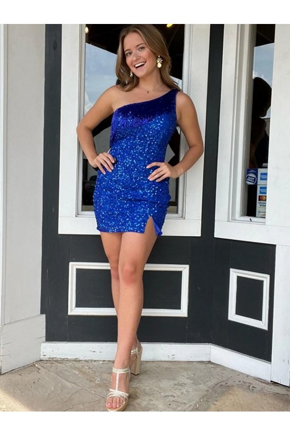 One Shoulder Short Velvet Sequin Royal Blue Sleeveless Homecoming Dresses Victoria