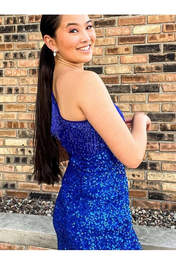 One Shoulder Short Velvet Sequin Royal Blue Sleeveless Homecoming Dresses Victoria