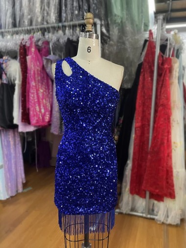 One Shoulder Short Velvet Sequins Royal Blue Sleeveless Homecoming Dress Victoria