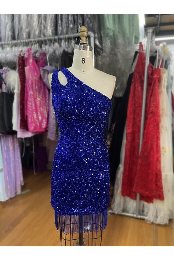 One Shoulder Short Velvet Sequins Royal Blue Sleeveless Homecoming Dress Victoria