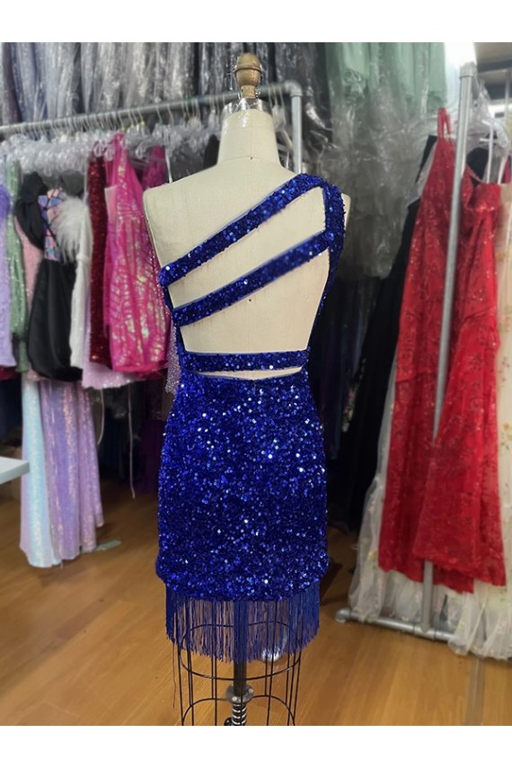 One Shoulder Short Velvet Sequins Royal Blue Sleeveless Homecoming Dress Victoria