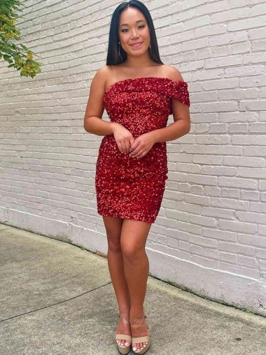 One Shoulder Short Velvet Sequin Burgundy Sleeveless Prom Dress Victoria