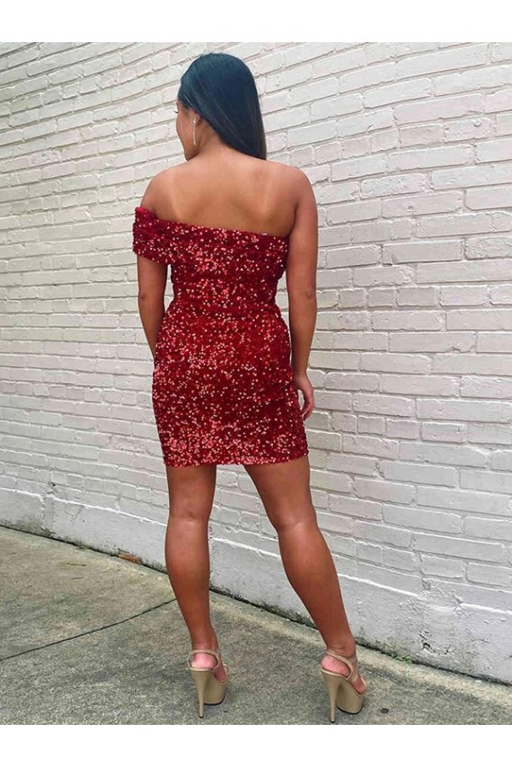 One Shoulder Short Velvet Sequin Burgundy Sleeveless Prom Dress Victoria
