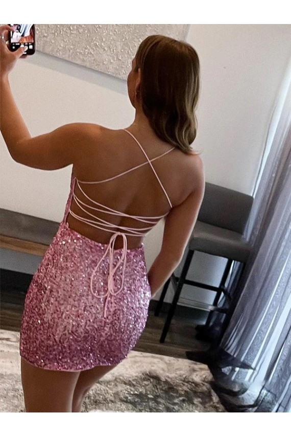 Spaghetti Straps Short Velvet Sequin Hot Pink Sleeveless Evening Dress Victoria