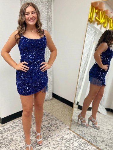 Spaghetti Straps Short Velvet Sequin Royal Blue Sleeveless Prom Dress Victoria