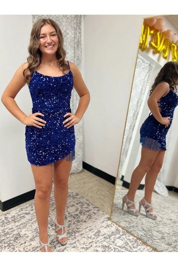 Spaghetti Straps Short Velvet Sequin Royal Blue Sleeveless Prom Dress Victoria