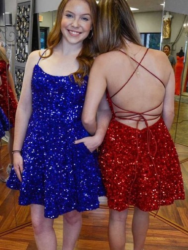 Spaghetti Straps Short Velvet Sequin Royal Blue A-Line Sleeveless Prom Dress Victoria