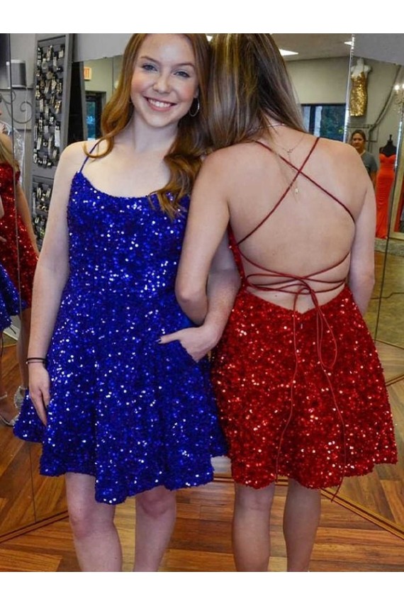 Spaghetti Straps Short Velvet Sequin Royal Blue A-Line Sleeveless Prom Dress Victoria