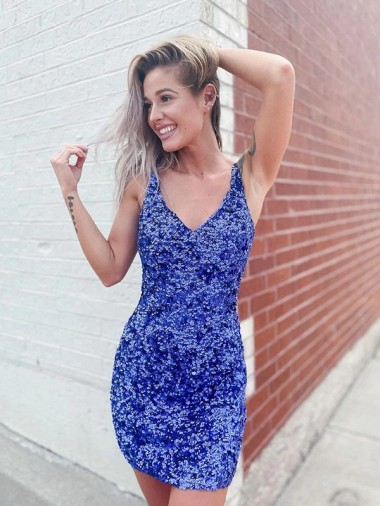 V-Neck Short Velvet Sequin Sleeveless Evening Dress Victoria