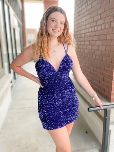 V-Neck Short Velvet Sequin Sleeveless Cocktail Dress / Prom Dress Victoria
