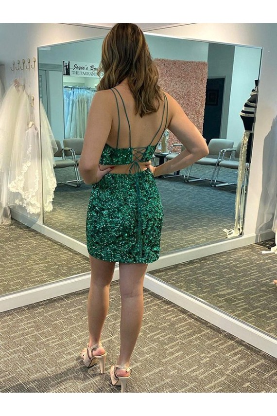 V-Neck Short Velvet Sequin Shamrock Green Sleeveless Formal Dress Victoria