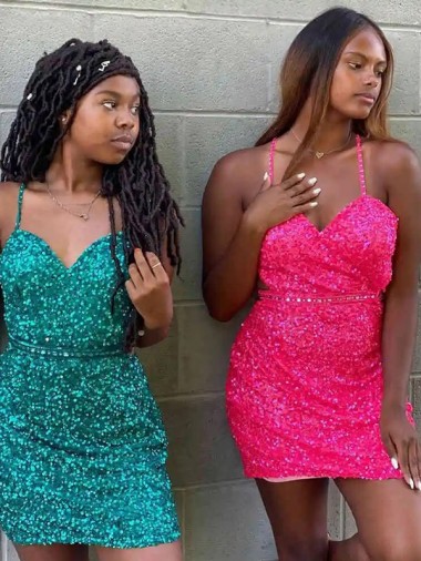 V-Neck Short Velvet Sequin Dark Green Sleeveless Prom Dress Victoria