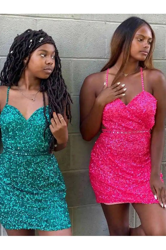 V-Neck Short Velvet Sequin Dark Green Sleeveless Prom Dress Victoria