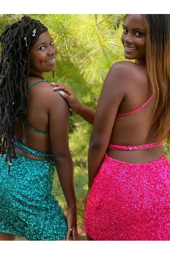 V-Neck Short Velvet Sequin Dark Green Sleeveless Prom Dress Victoria