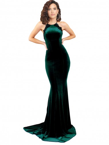 High Neck Sweep Train Stretch Velvet Dark Green Sleeveless Formal Evening Gown / Prom Dress / Bridesmaid Dress Victoria