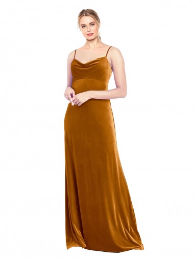 Cowl Neck Long Stretch Velvet Gold Sleeveless Prom Dress / Bridesmaid Dress Victoria