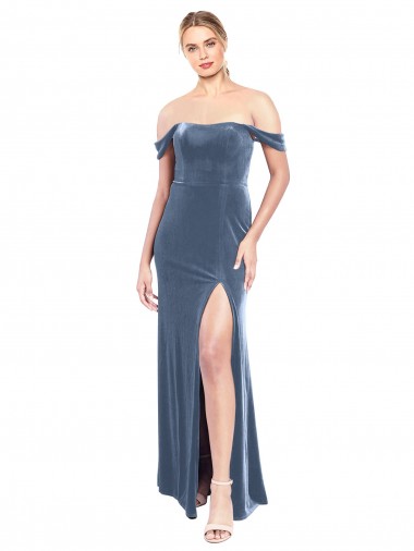 Strapless Long Stretch Velvet Dusty Blue Sleeveless Prom Dress / Bridesmaid Dress Victoria