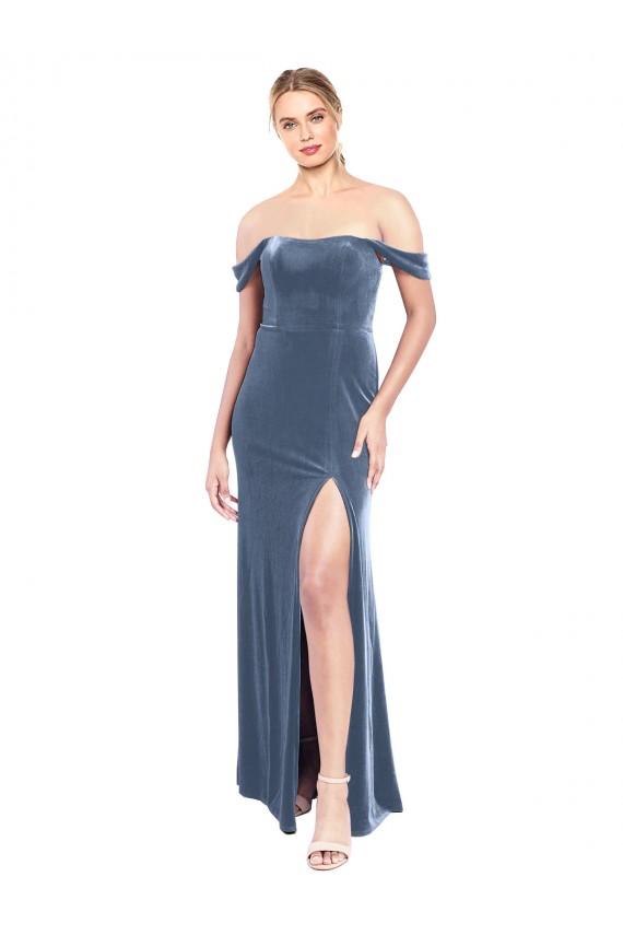 Strapless Long Stretch Velvet Dusty Blue Sleeveless Prom Dress / Bridesmaid Dress Victoria