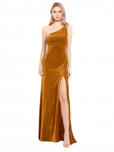One Shoulder Long Stretch Velvet Gold Sleeveless Formal Evening Gown / Prom Dress / Bridesmaid Dress Victoria