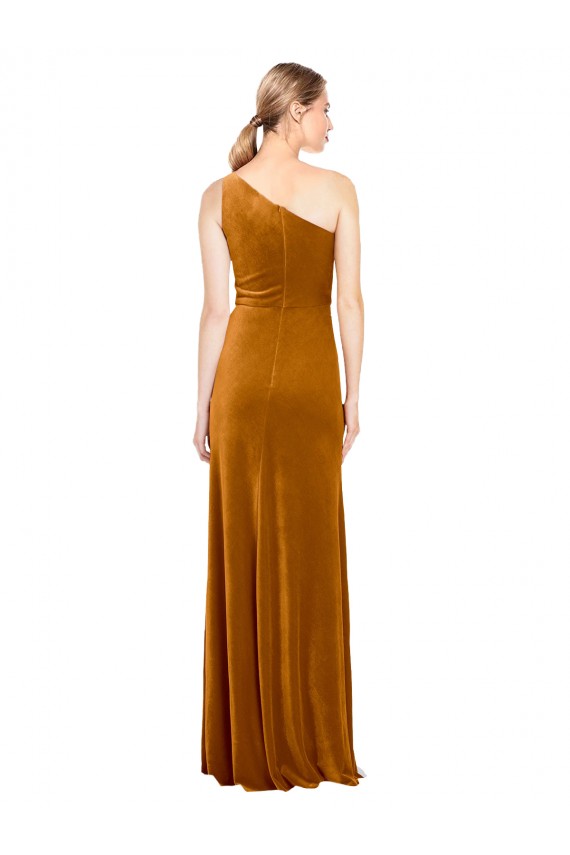 One Shoulder Long Stretch Velvet Gold Sleeveless Formal Evening Gown / Prom Dress / Bridesmaid Dress Victoria