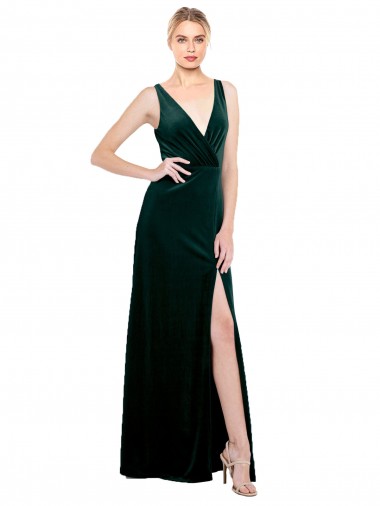 V-Neck Long Stretch Velvet Dark Green Sleeveless Black Tie Evening Dress / Prom Dress / Bridesmaid Dress Victoria