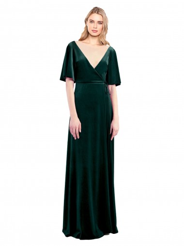 V-Neck Long Stretch Velvet Dark Green Flutter Sleeves Prom Dress / Bridesmaid Dress Victoria